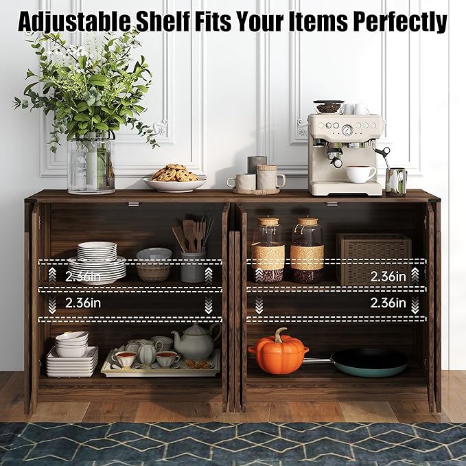 65" Sideboard Buffet Cabinet with Storage, Mid Century Modern Fluted Accent Credenza with Adjustable Shelves, Wood Media TV Console Coffee Bar Table for Dining Room, Living Room, Walnut