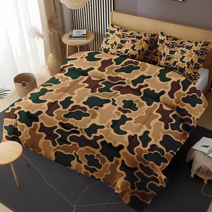 Comforter Set with 2 Pillowcases Full Size, Brown Camouflage Camo Hunting Hunter, Bed Decor Wood Green Desert Army Military for Kids and Adults, Soft Cozy Bedroom Bedding Set