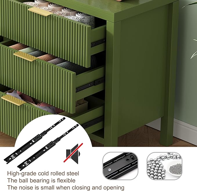 Nightstand, Dresser and Nightstand Sets, Bedside Tables, Mid Century Nightstands with 3 Wide Drawers for Bedroom, Kids’ Room, Hallway, Green
