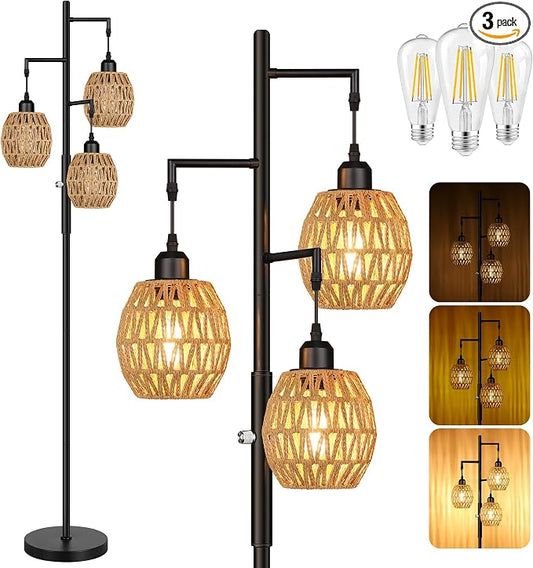 ROTTOGOON Dimmable Boho Floor Lamp - 3 Light Farmhouse Rattan Floor Lamps for Living Room, Tree Floor Lamps with Bohemian lampshades, Rustic Standing Tall Lamps for Bedroom, Office, 68", 6W, Black