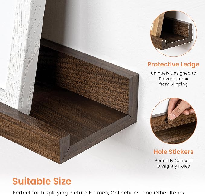 RICHFOCUS Picture Ledge Shelf, 16 inch Floating Shelves Set of 2, Wood Wall Shelves with Lip, Wall Decor Storage for Bedroom Living Room Bathroom Kitchen Nursery Photo Picture, Walnut
