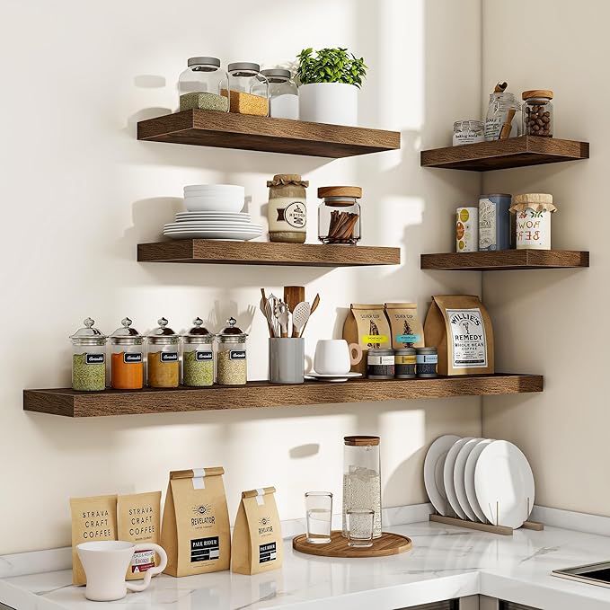 16 Inch Floating Shelves, 16"x9.25"x1.5" Inch Deep Floating Shelves for Wall, Wooden Shelves for Bathroom, Bedroom, Living Room, Brown, 2 Pieces