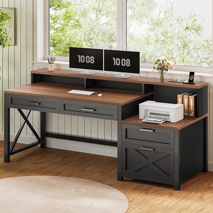 SEDETA Farmhouse Home Office Desk with File Drawer & Power Outlet, Computer Desk with 4 Drawer, Storage Shelves, Printer Cabinet and Monitor Shelf, Gaming Desk with Led Lights, Black Brown