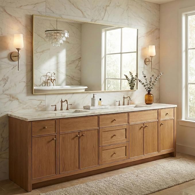 60"x30" Gold Landscape Bathroom Mirror for 60-72 inch Double Vanity, Shatterproof Tempered Glass, Narrow Metal Frame, Ultra-Flush