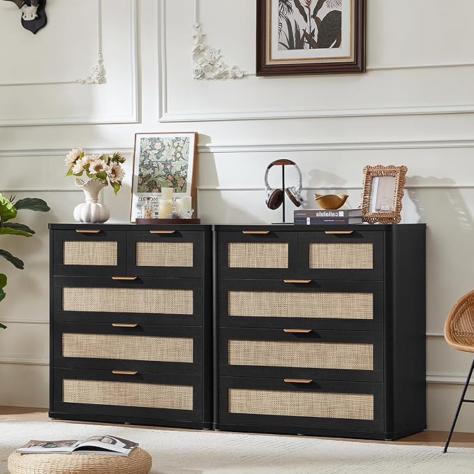 LEYAOYAO Rattan Dresser for Bedroom, 33.5" Tall Chest of Drawers, Modern 5 Drawers Boho Dressers with Storage, Light Oak Dresser Wooden Closet Organizer for Living Room, Hallway, Black