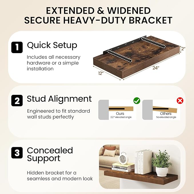 Fun Memories 12 Inch Deep Floating Shelf, 24 x 12 Rustic Wood Wall Shelf for Books, 2" Thick Deep Floating Shelf for Storage & Display in Kitchen, Living Room, Bedroom, Rustic Brown, 2 Packs