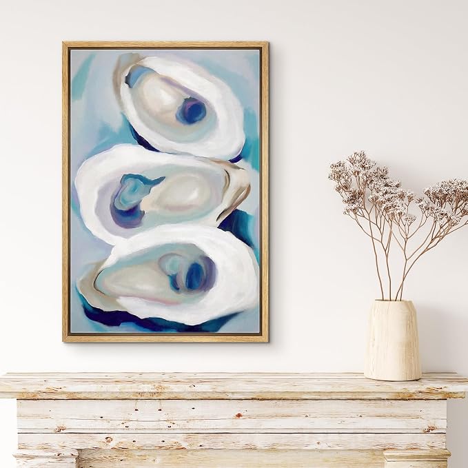 MUDECOR Framed Canvas Print Wall Art Modern Colorful Oysters Coastal Abstract Seafood Illustrations Minimalism Decorative Bohemian Colorful Zen for Living Room, Bedroom, Office - 16"x24" NATURAL