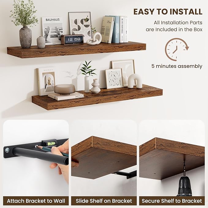 Fun Memories Floating Shelves Set of 2, 40 Inch Long Wooden Wall Shelves, 10 Inch Deep Wall Mounted Storage Shelf with Metal Brackets for Living Room, Bathroom, Bedroom and Kitchen, Rustic Brown