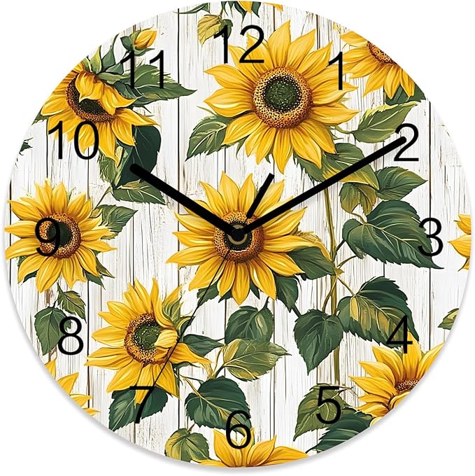 Sunflower Wall Clock Battery Operated Non-Ticking 10" Round Wood Clocks, Vintage Style Yellow Floral Grey Wood Grain Kitchen Wall Clock for School Bathroom Living Room Home Office Wall Decor