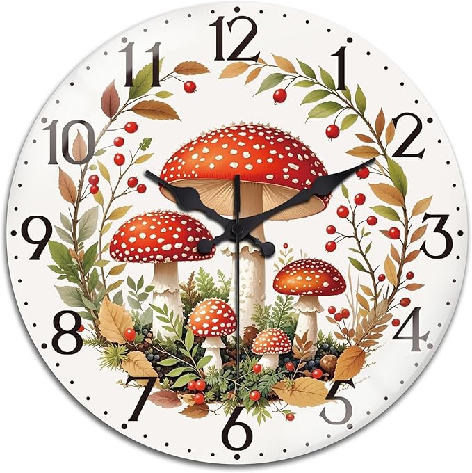 peacoblue Wall Clocks Battery Operated 12 Inch Mushroom Forest Glass Round Wall Clock Non Ticking for Kitchen Living Room Dining Room Bedroom and Bathroom Decor Accessories (Battery not Included)