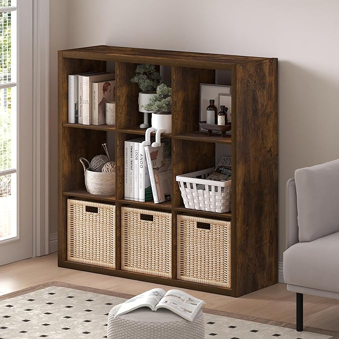 Furinno Cubicle Book Shelf, 9-Cube Bookshelf, Extra Thick Frame Reversible Bookcase with Open Back, 14.6" x 44" x 44", for Living Room, Bedroom, Home Office, Amber Pine