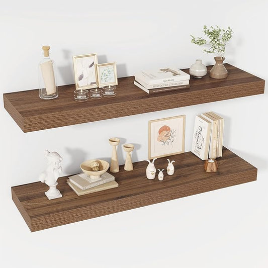 40 Inch Floating Shelves, 12" Deep Floating Shelf Wall Mounted, 40" Wall Shelves, Rustic Deep Bookshelf, Extra Deeper & Thicker Display Shelves for Bedroom, Living Room, Walnut, Set of 2