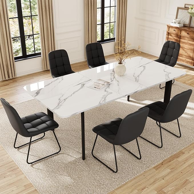 Extendable Dining Table Set for 6-8 People, 63 to 78.7 Inch MDF Kitchen Table with 6 Upholstered Chairs, Space-Saving for Dining Room, Breakfast Nook (White Table & 6 Black U-Shaped Chairs)