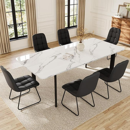 Extendable Dining Table Set for 6-8 People, 63 to 78.7 Inch MDF Kitchen Table with 6 Upholstered Chairs, Space-Saving for Dining Room, Breakfast Nook (White Table & 6 Black U-Shaped Chairs)