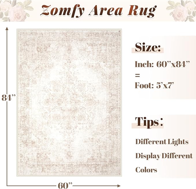 Area Rug 5x7 Vintage Rug: Washable Indoor Medallion Rugs Low Pile Distressed Floor Carpet Retro Accent Rug for Living Room Bedroom Kitchen Dining Table Home Office(Retro Beige, 5'x7')