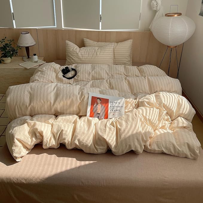 mixinni Retro Striped Duvet Cover Set Queen Size - 100% Washed Cotton Beige Duvet Cover with Black White Stripes, Soft Breathable 3 Piece Comforter Cover with Zipper Closure & Corner Ties