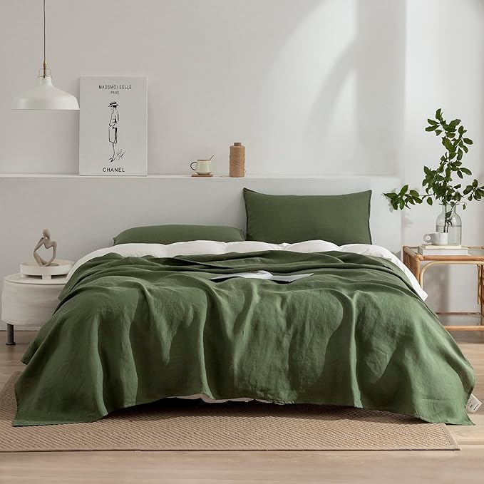 EVERLY Linen California King Size Sheets Set, 100% Stonewashed French Linen Bed Sheets Deep Pocket Sheets, 4 Pieces (1 Flat Sheet, 1 Fitted Sheet, 2 Pillowcases) Natural Flax Bedding Set-Mossy Green