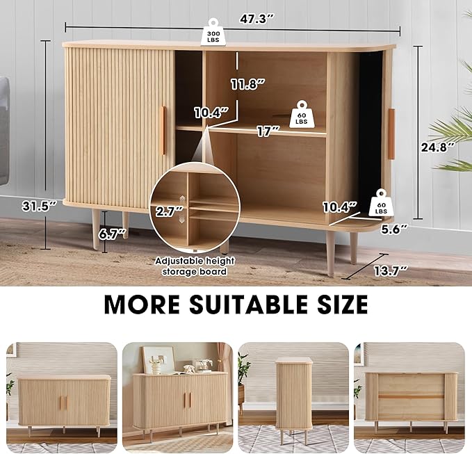 Grepatio 47" Sideboard Buffer Cabinet with Fluted Slide Doors, Tambour Storage Cabinet with Adjustable Shelves, Credenza Console Mid Century Cabinets for Hallway Entryway (Natural)
