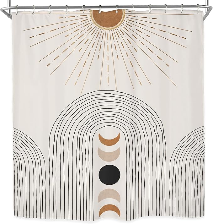 Miyotaa Abstract Sun Moon Phase Shower Curtain Set 60Wx71H Inches Minimalist Modern Contemporary Aesthetic Sunshine Polyester Waterproof Cloth Bathroom Curtain with 12 Hooks
