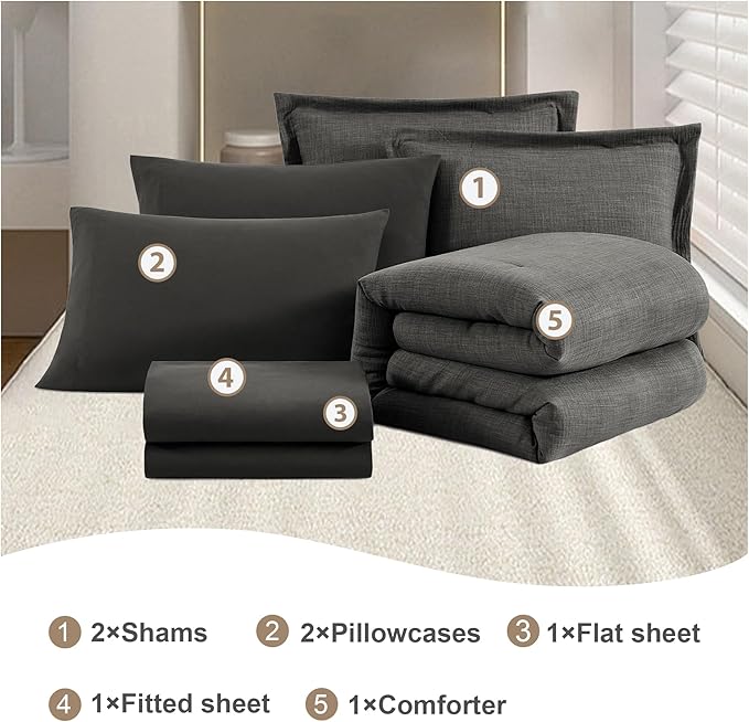 Geniospin King Size Comforter Set- 7 Piece Grey Textured King Bedding Set, Soft Solid Bed in a Bag for All Season, King Comforter Set with Sheets(Grey,102''x90'')