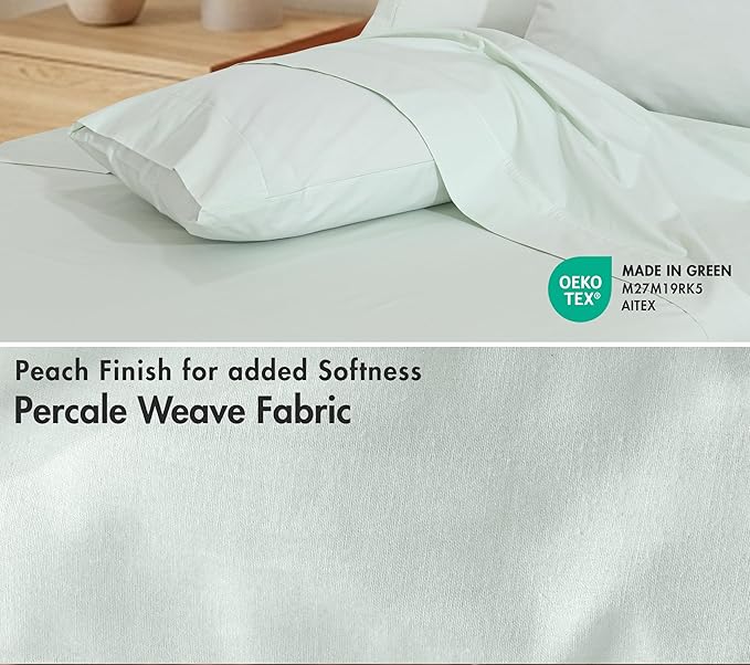 RUVANTI 100% Cotton Percale Sheets Queen Size 6 Piece Set, Cooling Bed Sheets for Hot Sleepers, Deep Pocket 16”, Breathable Lightweight & Durable, Crisp Hotel Style Sheets, Aqua Glass