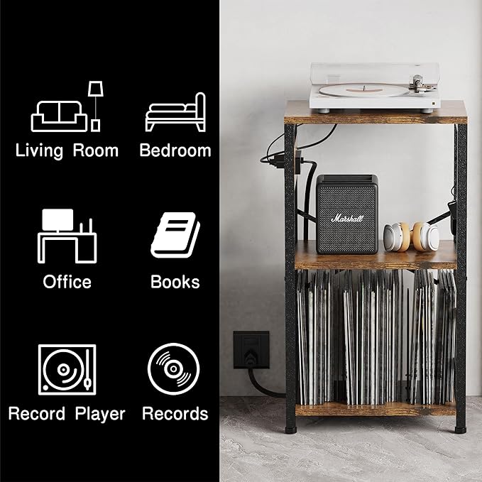 YAKANJ End Table with LED Light,Record Player Stand with Charging Station,Vinyl Records Storage,Turntable Stand Albums Storage for Music Room Studio-Modern Brown
