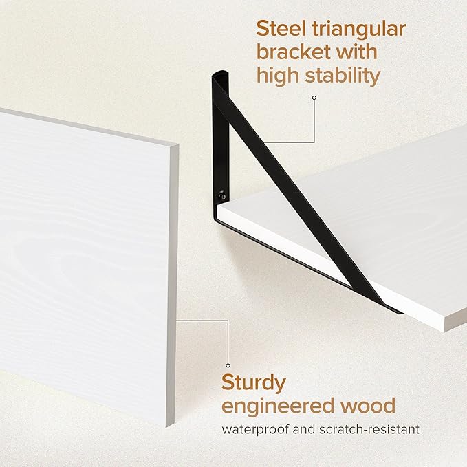 Deep Floating Shelves Wall Mounted, 16"x12" White Wall Shelves with Brackets Set of 2 for Bedroom, Living Room, Bathroom, Kitchen, Office - Storage & Display Shelf for Decor, Books, Plants