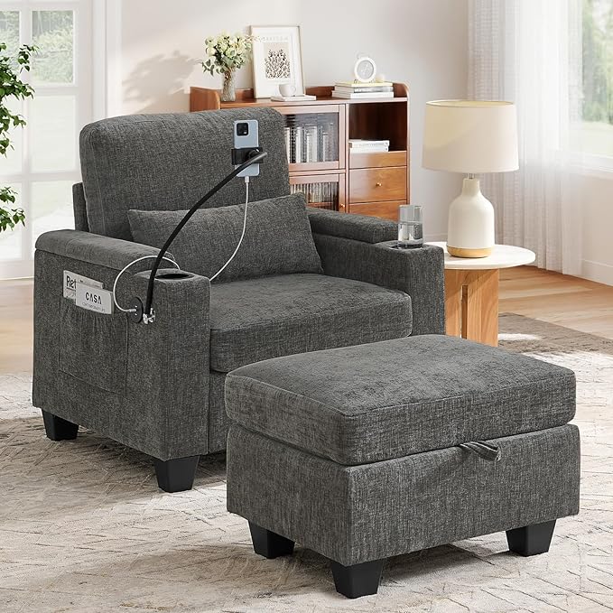 Small Chaise Lounge Chair Indoor with Ottoman&Adjustable Backrest,Chenille Tufted Recliner Comfy Sofa Chair with USB,Phone Holder&Storage Arms,Convertible Sleeper Couch Bed for Living Room(37"W,Grey)
