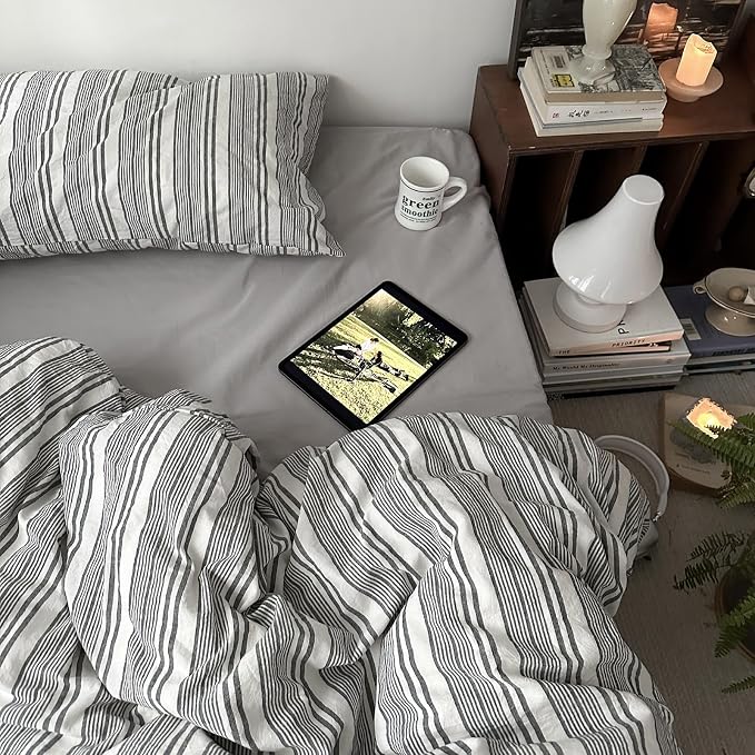mixinni Vintage Gray & White Striped Duvet Cover Set - 3 Piece 100% Washed Cotton Full Size Bedding | Minimalist Gender-Neutral Design | Ultra-Soft Breathable, with Zipper Closure & Corner Ties