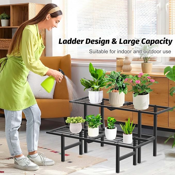 2 Tier Plant Stand Outdoor Indoor, Separated Tiered Folding Metal Plant Shelf Multiple Plant Holder Ladder Display Rack for Corner Garden Balcony Patio Porch, Easy Assembly (Black)