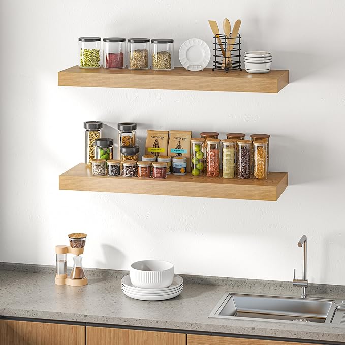 Dreamland 40" Floating Shelves for Wall, 12" Deep Thicker Oak Floating Shelves, Wall-Mounted Shelves for Bedroom, Living Room, Kitchen, Bathroom - Set of 2