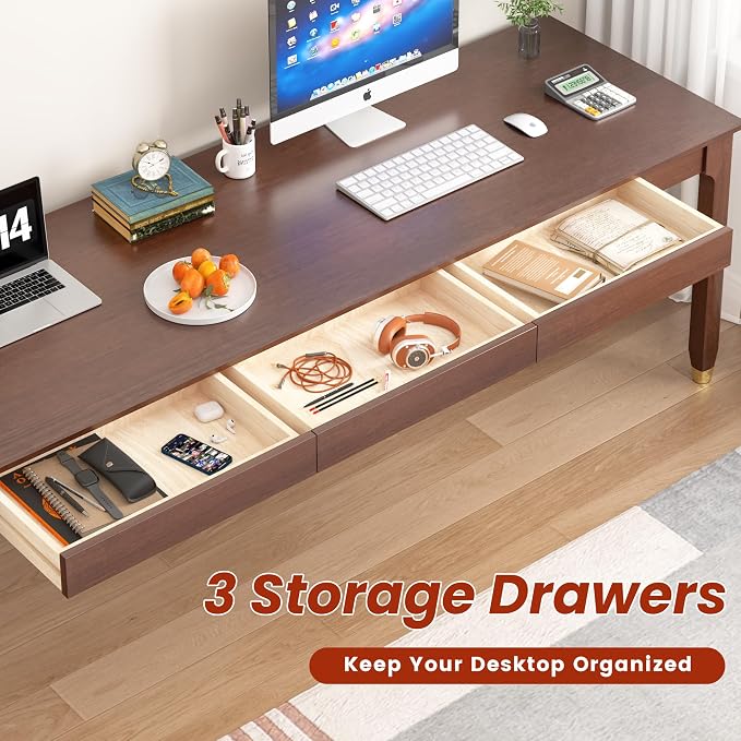 70.9” Long Solid Wood Desk with Drawers - Mid Century Modern Office Desks, Executive Computer Desk for Two People, 2 Person Desk|Gaming Writing Study Table for 2 Monitors-Dark Walnut