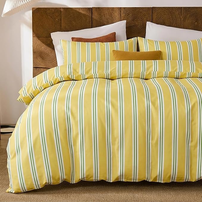 Merryword Striped Duvet Cover Set King Size - 100% Cotton Duvet Cover Set, Yellow Ribbon Stripes Pattern Comforter Cover 3 Pieces, Soft Linen Like Bedding Set for All Seasons