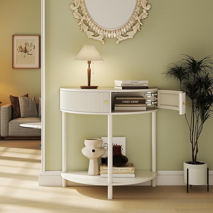 31.5'' Wood Small Console Table Retro Curved Sofa Table with 2-Door Storage Space for Living Room Entryway, Circular Half Moon Design, Cream White