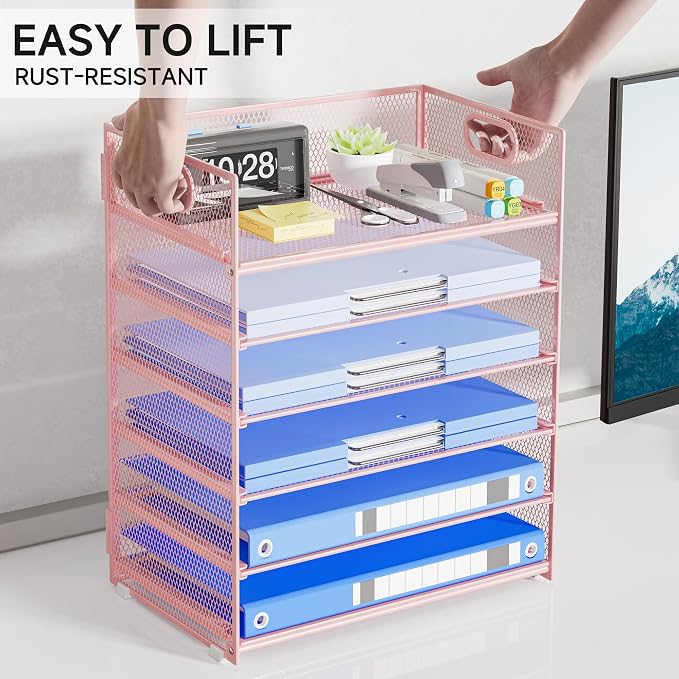 Pink Paper Organizer for Desk with Handle, 6-Tier Metal Mesh File Organizer | Stackable Desktop Organizer for Office Supplies & Stationery Storage