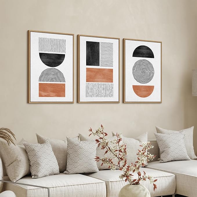 Framed Wall Art Canvas Set Mid Century Boho Pictures Modern Geometric Wall Decor Minimalist Black Brown Bohemian Abstract Painting Artwork for Living Room Bedroom Office 16"x24"x3 Natural