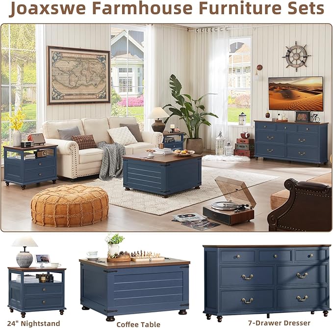 24" Wide Farmhouse Night Stand,Large End Table with 2 Drawers & Metal Handle,Wood Dresser for Bedroom, Blue Bed Side Table Chest of Drawers Cabinet,Nightstand for Living Room,Closet