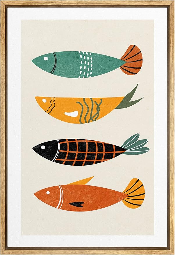 Woodrose Framed Canvas Print Wall Art Mid-Century Pattern Ocean Fish Animals Shapes Illustrations Modern Minimalist Chic Relax/Calm Multicolor for Living Room, Bedroom, Office - 24"x36" Natural