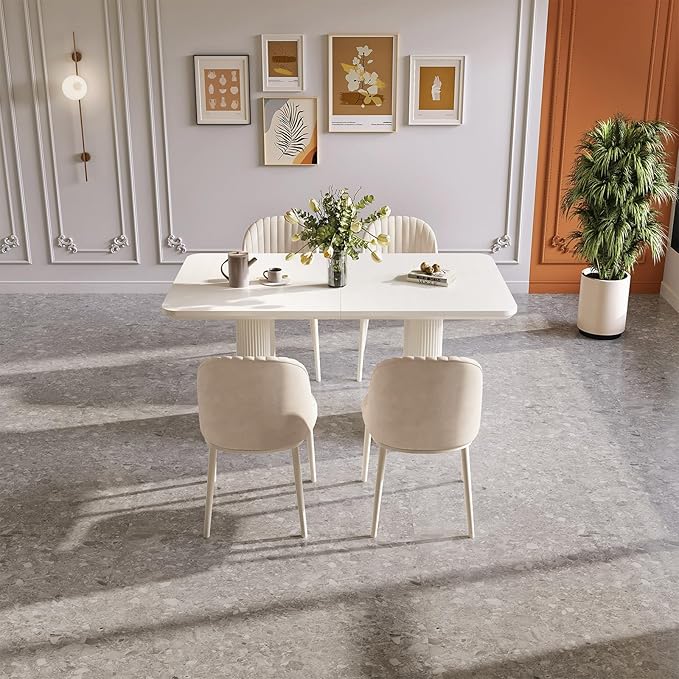 5-Piece Modern Dining Set, 55.11" Dining Table Set for 4, Rectangular Kitchen Table with 4 Chairs, White Dinner Tables for 4 Person
