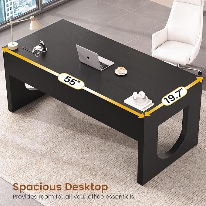 SEDETA 55" Executive Desk with 3 Drawers, Modern Office Desk with U-Shaped Legs, Wood Computer Desk with Power Outlet, Home Office Desks with Relief Texture, Black