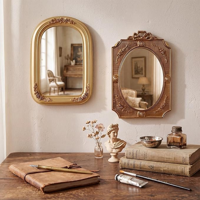Wonderjune 5 Pcs Vintage Gold Mirror Set for Wall Decorative Resin Frame Ornate Antique Hanging and Tabletop Mirror for Home Dresser Gallery Decor Photography Props Gift (Baroque Style)