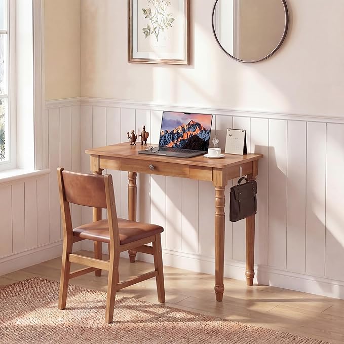 100% Solid Wood Desk with Drawers, 31 x 16 Inch Narrow Mid Century Modern Desk, Vintage Small Wooden Writing Table for Small Spaces Bedroom, Living Room, Office