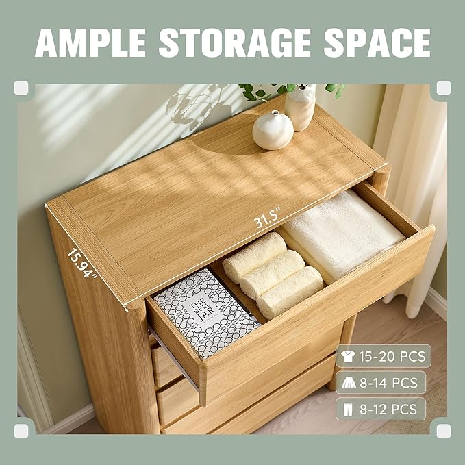 Modern 5 Drawers Dresser for Bedroom, 43" Tall Dresser & Chests of Drawers w/Rounded Corner, Wood Handleless Dresser w/Large Storage & Natural Texture for Bedroom, Living Room-Natural