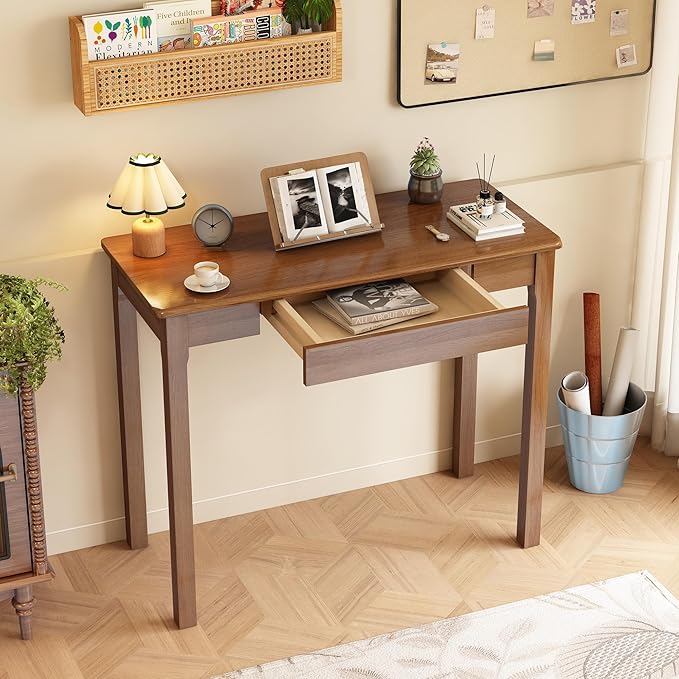 Solid Wooden Desk with Drawers - 36 x 16 Inch Narrow Desks for Small Spaces, Rubberwood Mid Century Modern Desks, Simple Vintage Study Table, Small Writing Desk for Bedroom - Walnut Color