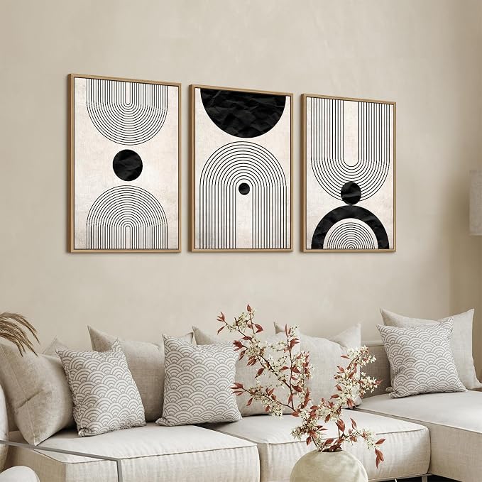 Framed Wall Art Canvas Set Mid Century Boho Pictures Modern Abstract Geometric Wall Decor Minimalist Black Beige Bohemian Canvas Painting Artwork for Living Room Bedroom Office 16"x24"x3 Natural