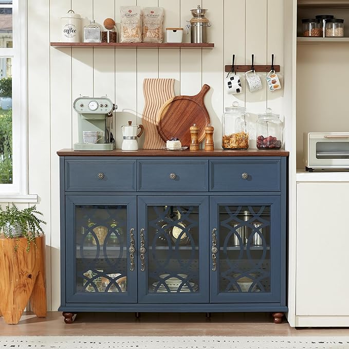 Farmhouse Sideboard Buffet Cabinet with Storage,48" Large Credenza with 3 Glass Doors & 3 Drawers,Adjustable Shelves Console Table,Wood Kitchen Coffee Bar for Dining Room,Living Room,Navy Blue