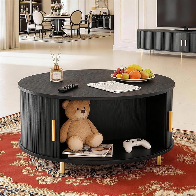 DHH Round Coffee Table, 31.5" Mid Century Modern Coffee Table with 360° Sliding Tambour Door, Fluted Accent Coffee Table with Storage Adjustable Footpads for Living Room, Black