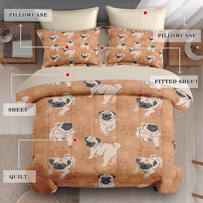 7Pcs Comforter Set Full Size, Cute Brown Pug Dog Lover, Bedding Decor Happy Puppy Animal Paws Gift Bedroom Bed Set with Flat Sheet Fitted Sheet Pillowcases Shams for Kids and Adults