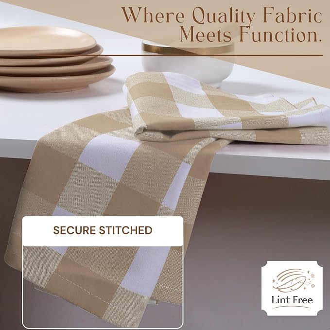 Buffalo Check 4 Pack Kitchen Towels, 16x26 Inches, Classic Farmhouse Plaid Dish Towel, 100% Cotton, Absorbent, Washable for Drying Dishes, Cleaning, Everyday Kitchen Use, Beige White