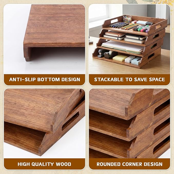AceOrbit 4 Pcs Stackable Paper Tray Acacia Wood Desk Organizer Letter Tray 4 Tier Wooden File Organizer Desk Shelf for Documents, Letter Sorter, Envelopes and Magazine Holder
